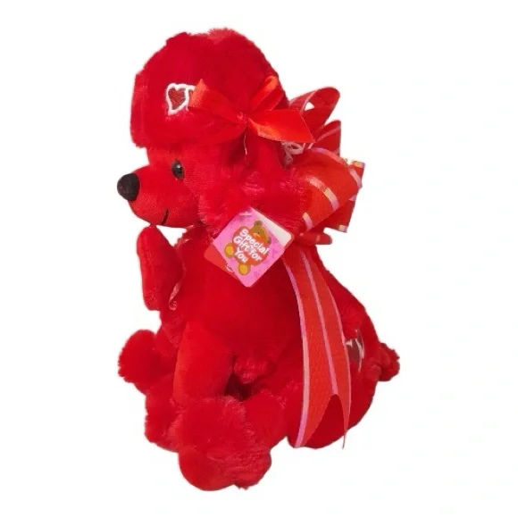 Red Plush Poodle with Love Embroidery and Bowknot - Picture 3 of 10